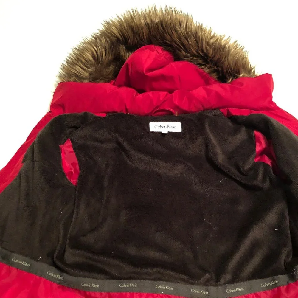Calvin Klein Faux Fur Trim Hooded Quilted Down Jacket Puffer Parka Coat Women PS - Picture 5 of 10